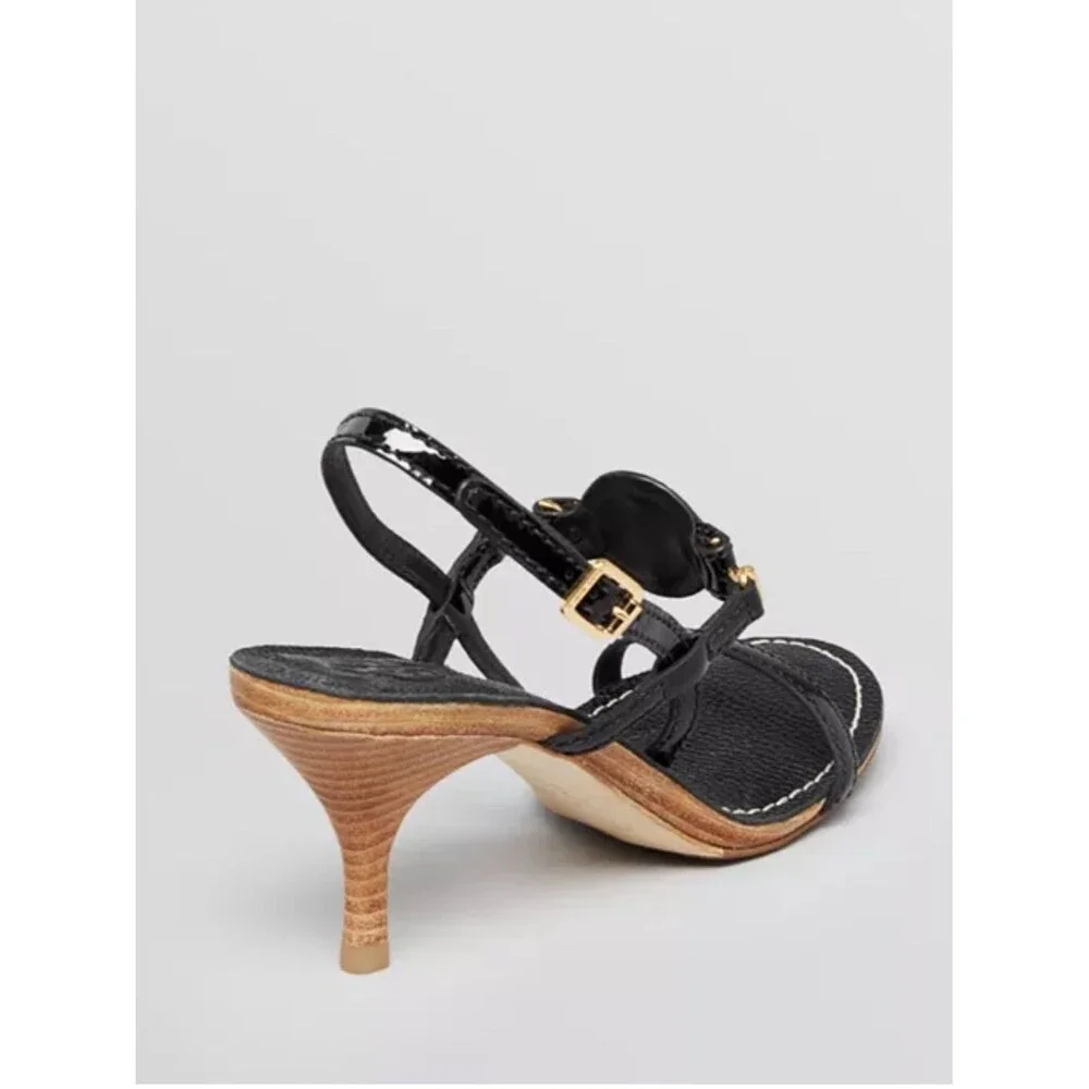 Tory Burch Mira sandals black tumbled leather signature Gold Logo Medallion 9.5